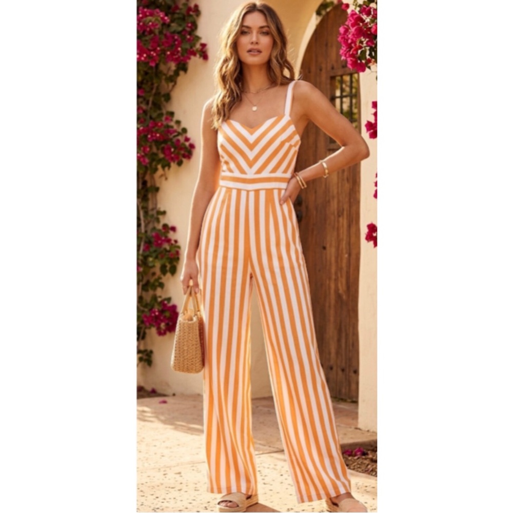 Francesca’s Mi Ami Tangerine Striped Jumpsuit NWT Mediterranean Summer Small